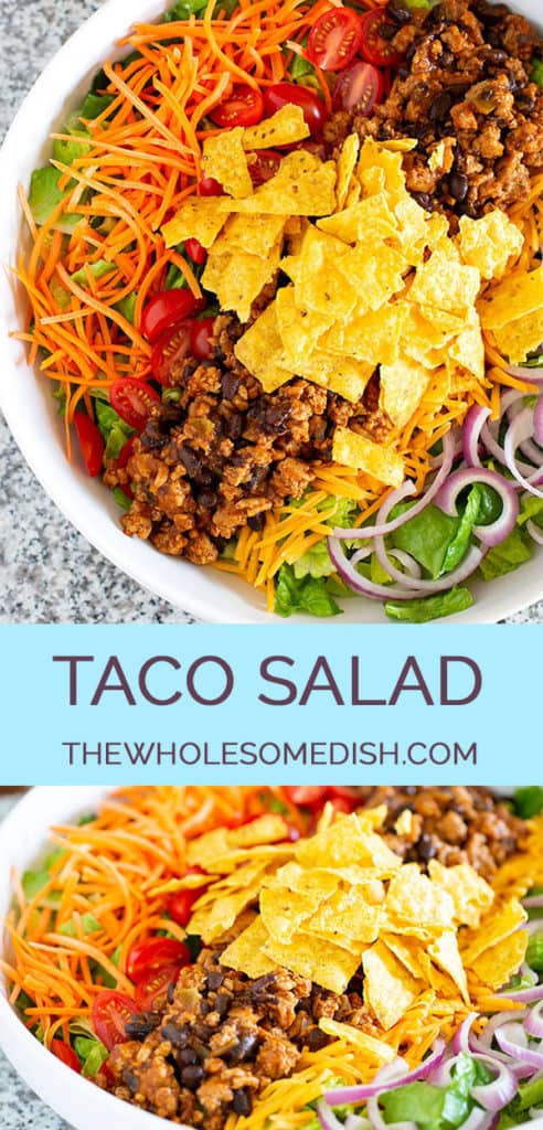 2 image collage with text showing Homemade taco salad