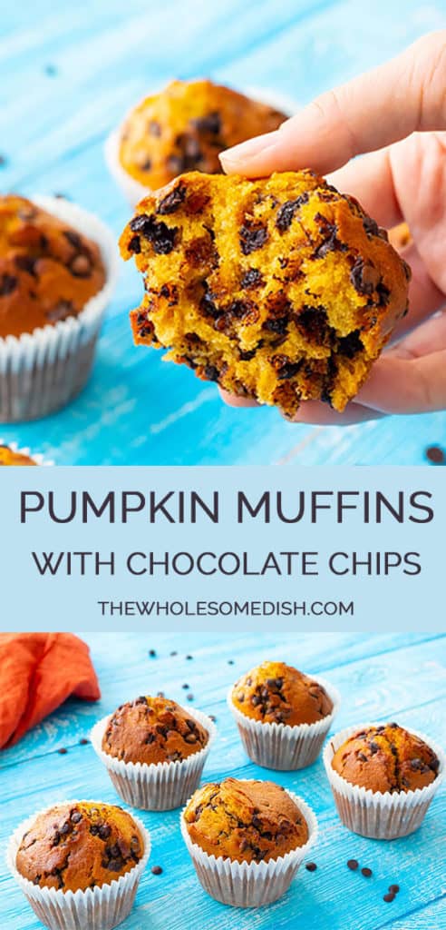 2 image collage with text showing chocolate chip pumpkin muffin