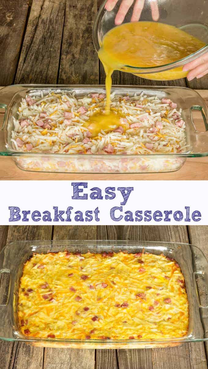 Eggs being poured over frozen hash browns, cheddar cheese, and ham for Easy Breakfast Casserole