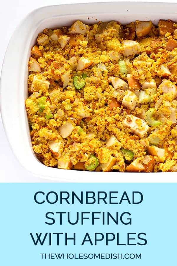 Cornbread Stuffing with apples in a casserole dish