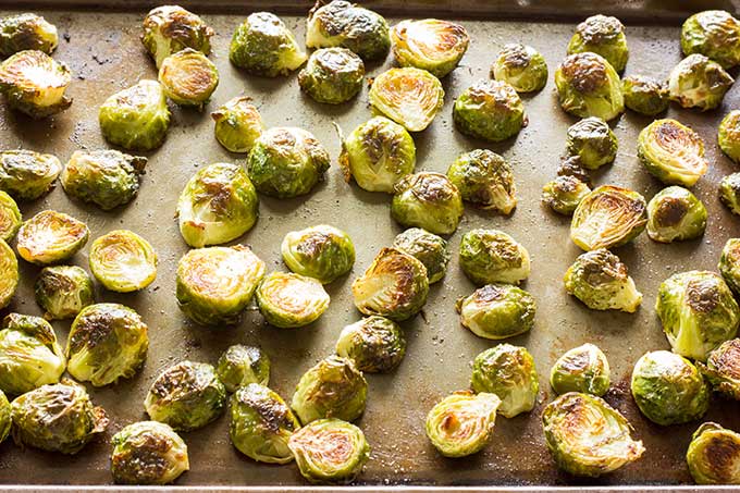 Roasted Brussels Sprouts on a baking sheet