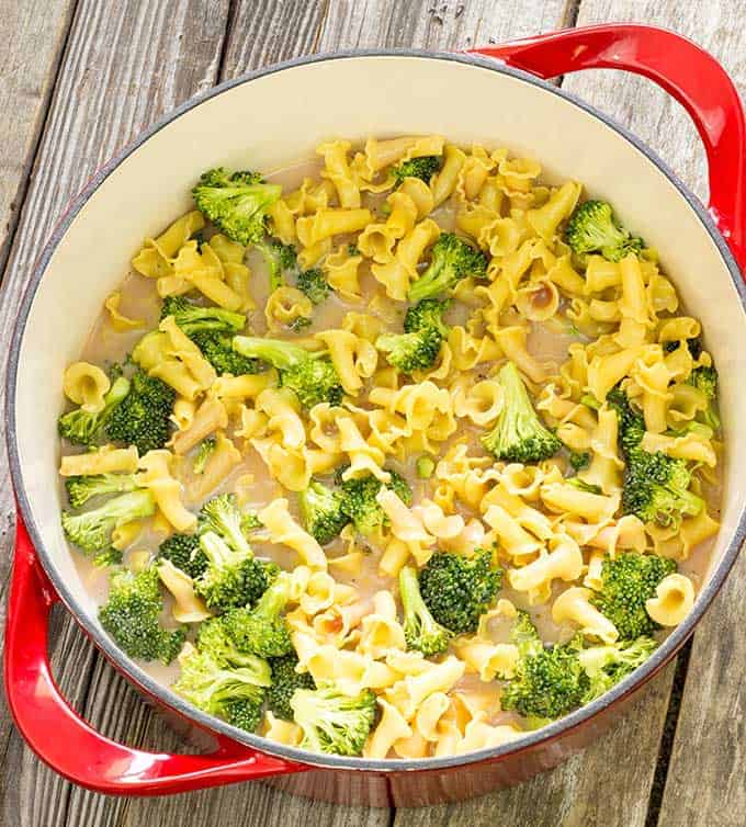 Uncooked ingredients in a pot for 1 pot pasta con broccoli