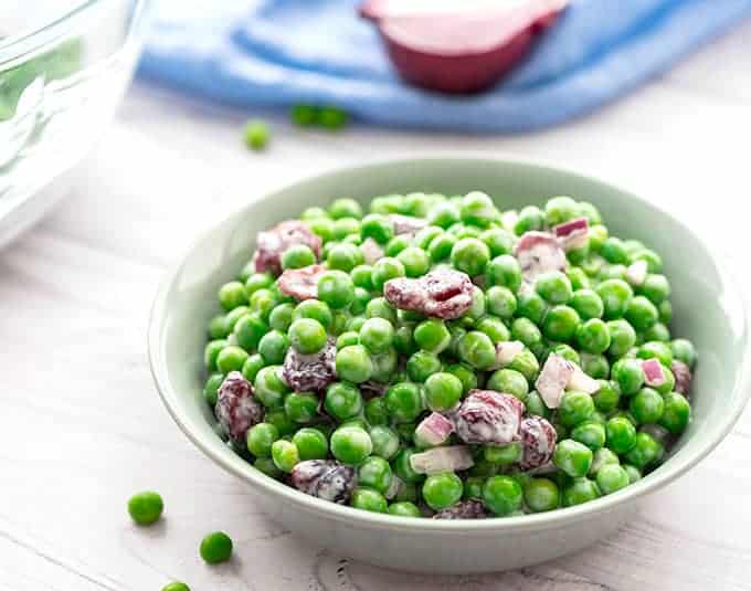 Pea salad recipe in a serving bowl