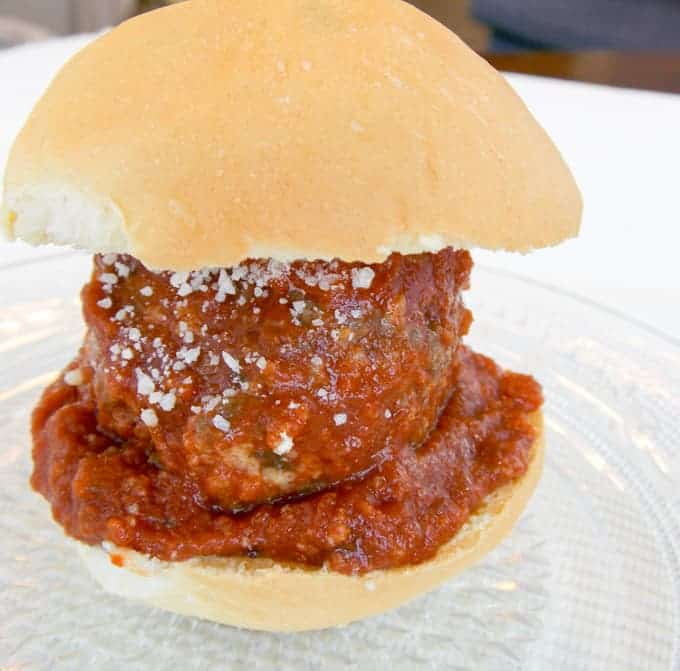 meatball with sauce on a slide bun