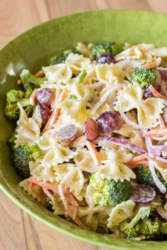 Broccoli Grape Pasta Salad in a green bowl