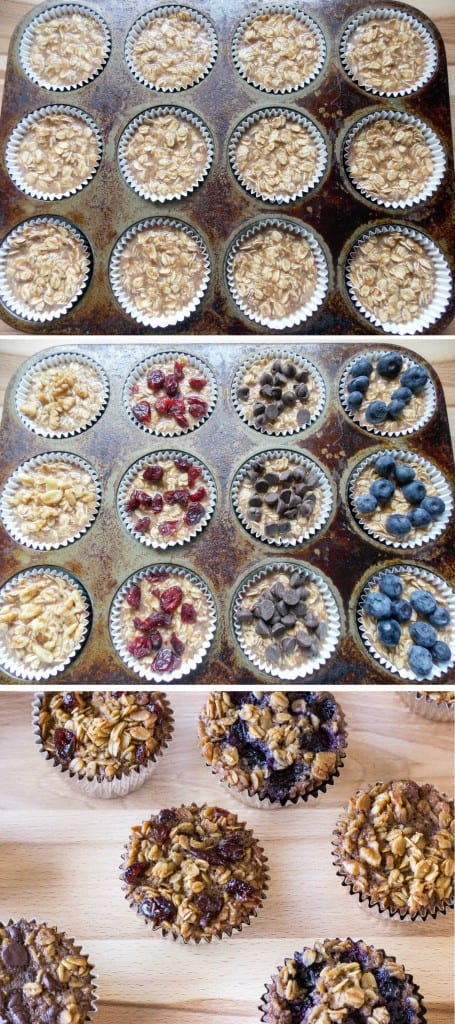 3 image collage showing making oatmeal muffins with different toppings