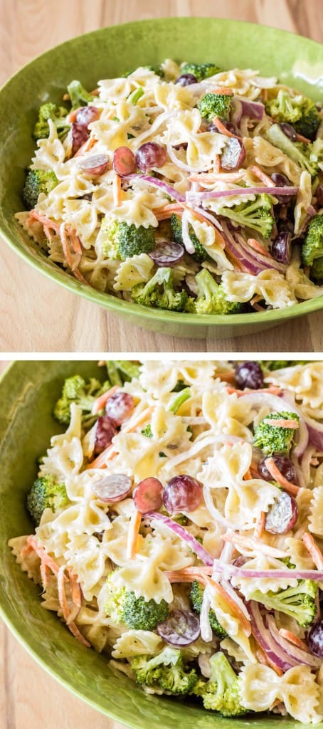 2 image collage of Broccoli Grape Pasta Salad in a green bowl