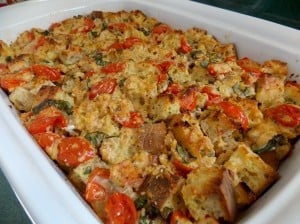 baking dish of tomato basil bread pudding