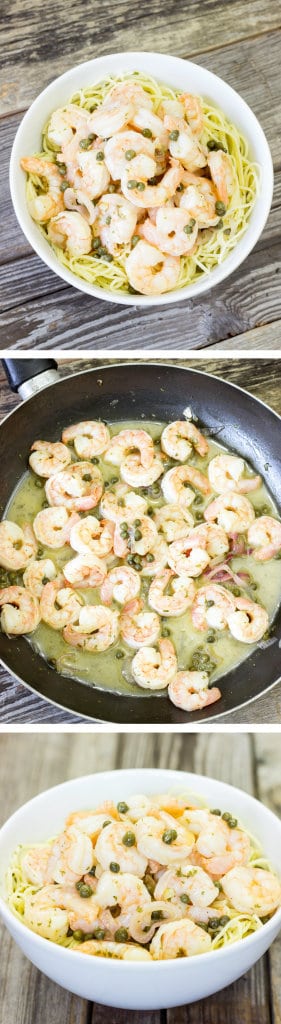 3 image collage showing Shrimp Piccata being made and in a bowl over pasta