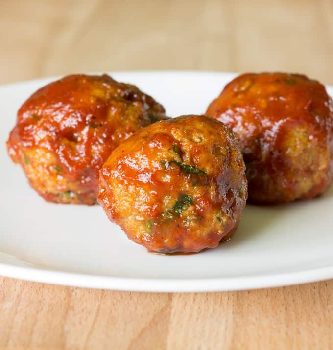 3 Honey BBQ Chicken Meatballs on a white plate