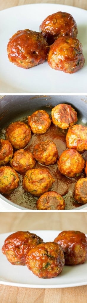 3 image collage showing Honey BBQ Chicken Meatballs
