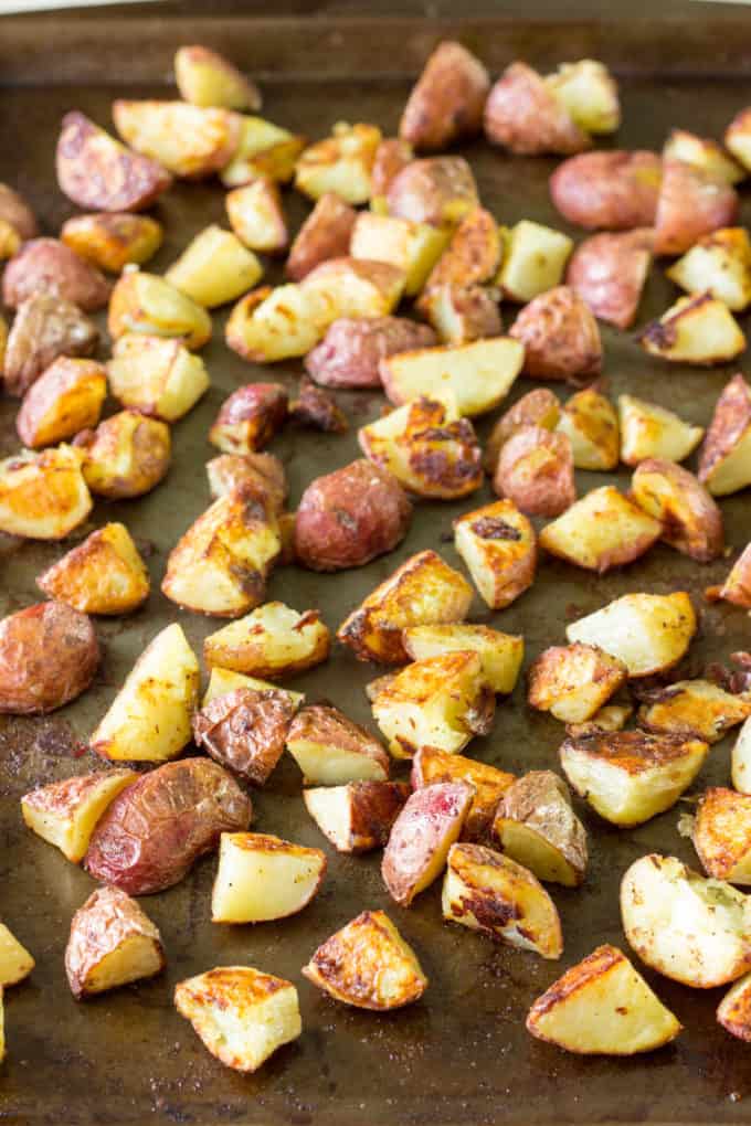 Salt & Vinegar Roasted Potatoes on a baking sheet