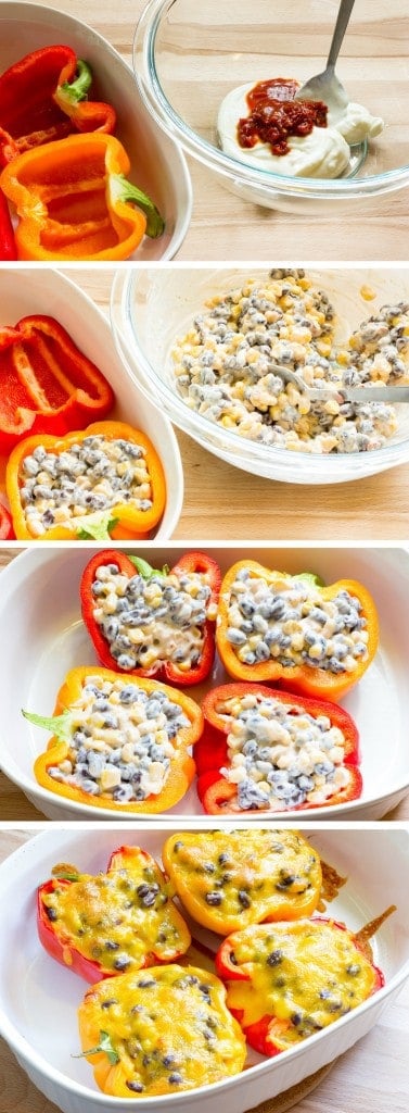 4 image collage showing making Chipotle Black Bean & Corn Stuffed Peppers