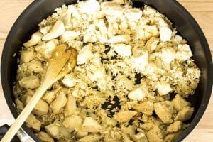 chicken and rice in a skillet