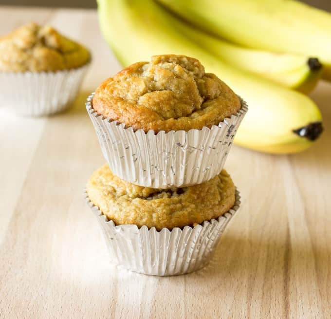 2 stacked Banana Peanut Butter Oat Muffins