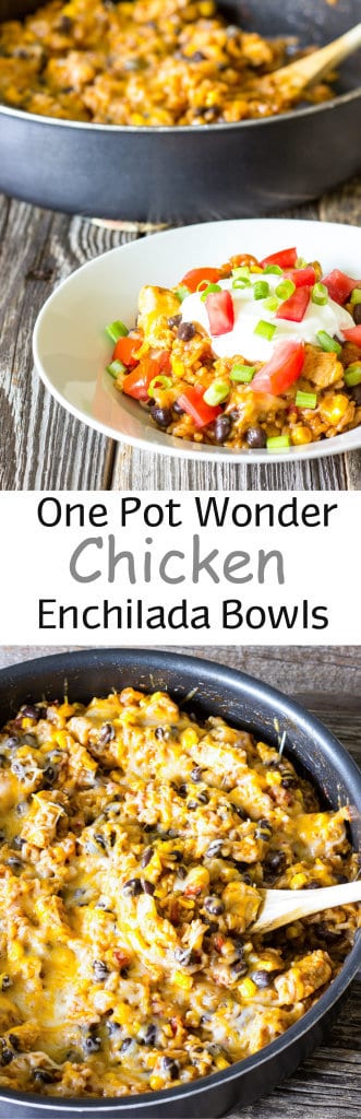 2 image collage with text showing 1 Pot Chicken Enchilada Bowls
