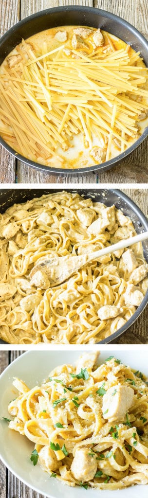 3 image collage showing One Pot Wonder Cajun Chicken Alfredo