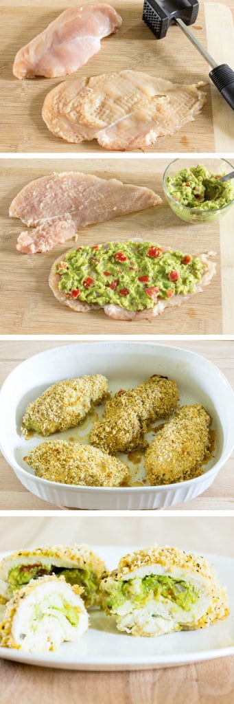 4 image collage showing making Guacamole Stuffed Chicken Breast