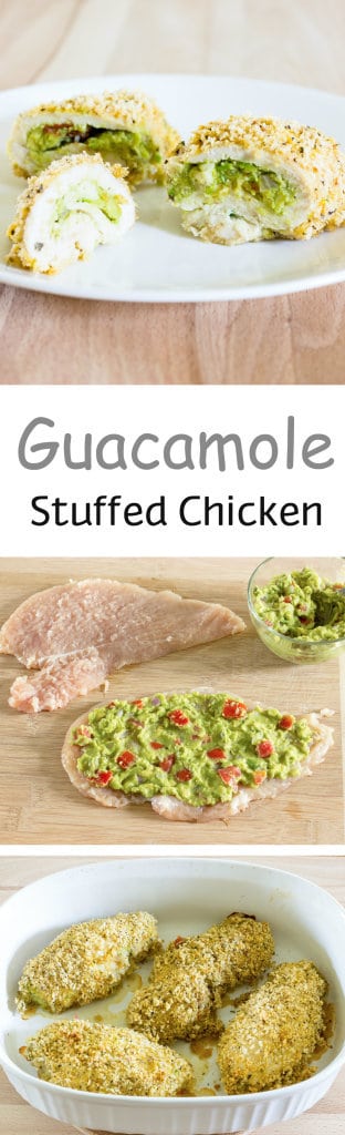 3 image collage with text showing making Guacamole Stuffed Chicken