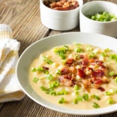 white bowl full of potato soup with toppings
