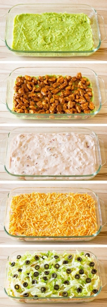 5 image collage showing making 7 Layer Chicken Taco Dip