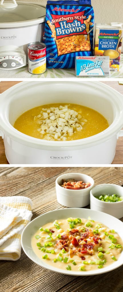 3 image collage showing making Skinny Crock Pot Loaded Potato Soup