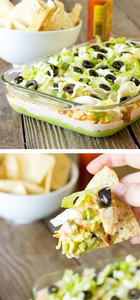 2 image collage showing assembled 7 Layer Chicken Taco Dip Pinterest Collage
