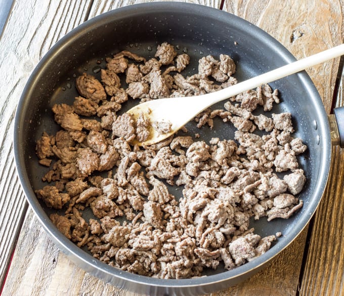 skillet full of cooked ground beef