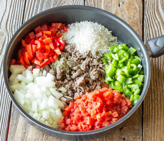 uncooked ingredients for One Pot Stuffed Pepper Skillet