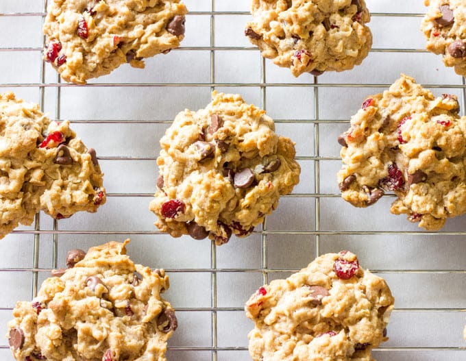 Coconut Oil Cowboy Cookies on a cooling rack