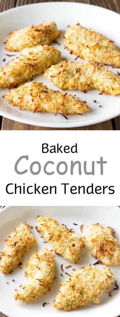 2 image collage with text showing Baked Coconut Chicken Tenders