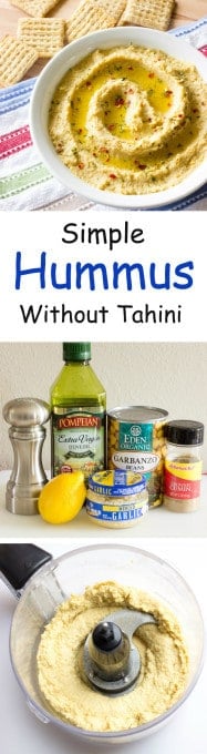 3 image collage with text showing making Simple Hummus Without Tahini
