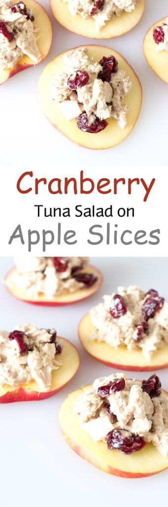 2 image collage with text showing Cranberry Tuna Salad on Apple Slices