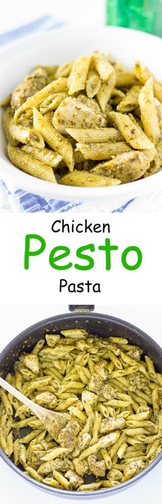 2 image collage with text showing Chicken Pesto Pasta