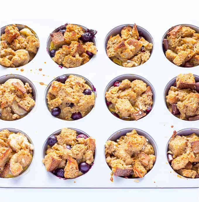 French Toast Cups with different Toppings in a muffin tin