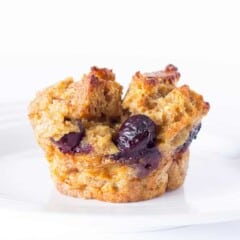 blueberry french toast muffin on a white plate