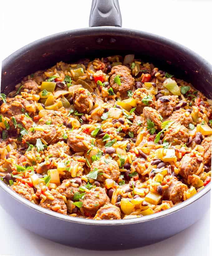 skillet full of One Pot Wonder Spanish Rice with Chorizo