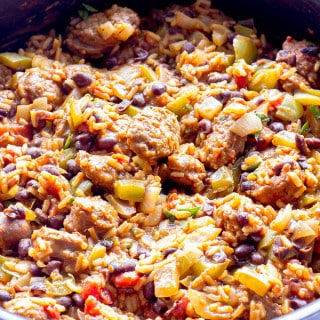 skillet full of spanish rice with chorizo