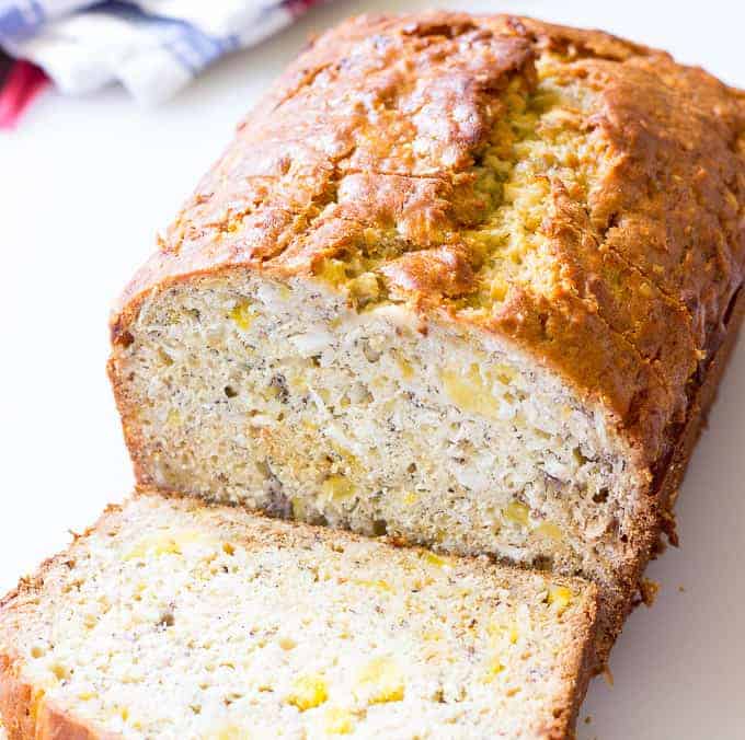 sliced Tropical Banana Bread on a cutting board