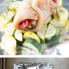 4 image collage with text showing making Caprese Stuffed Chicken Foil Packs