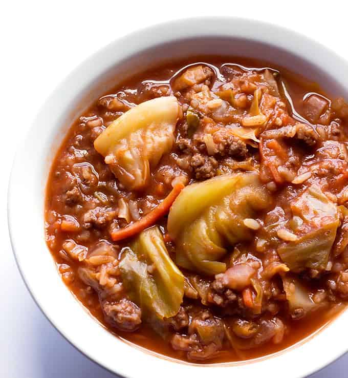 white bowl full of Unstuffed Cabbage Roll Soup