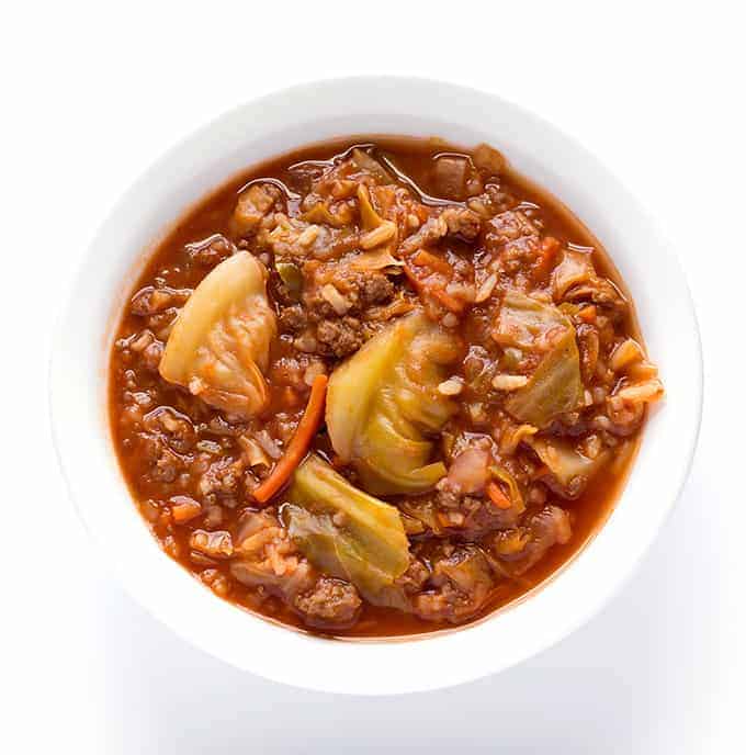 white bowl full of Unstuffed Cabbage Roll Soup