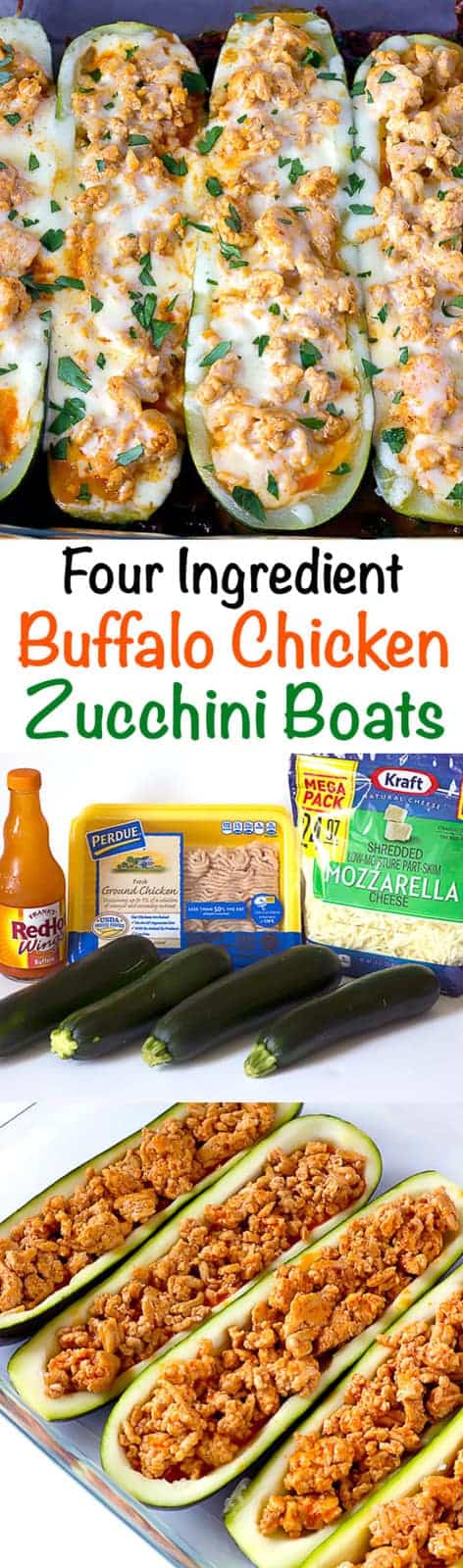 3 image collage with text showing making Buffalo Chicken Zucchini Boats