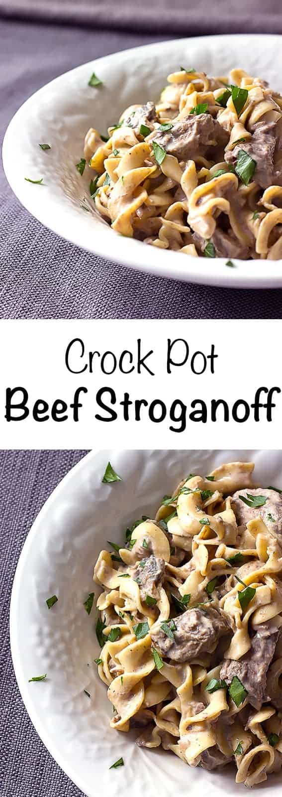 2 image collage with text showing Crock Pot Beef Stroganoff