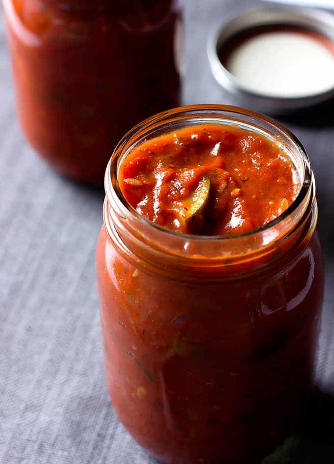 glass mason jar full of Zucchini Mushroom Pasta Sauce