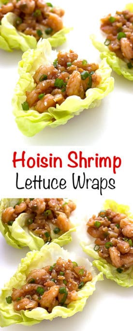 2 image collage with text showing Hoisin Shrimp Lettuce Wraps