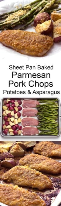 3 image collage with text showing Sheet Pan Baked Parmesan Pork Chops Potatoes & Asparagus