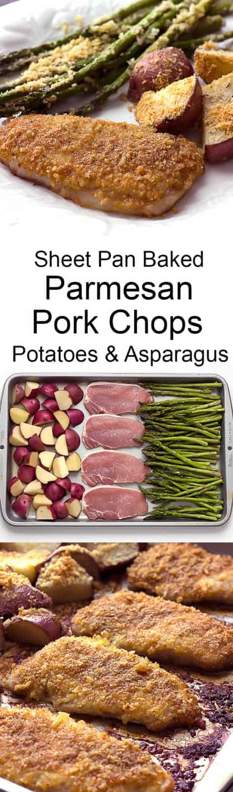 3 image collage showing making Sheet Pan Baked Parmesan Pork Chops Potatoes & Asparagus