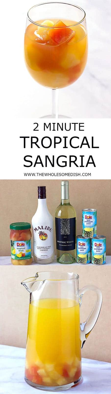 2 Minute Tropical Sangria - A simple tropical sangria recipe that can be made in minutes, made with Malibu coconut rum, pineapple juice, white wine, and mixed tropical fruit.