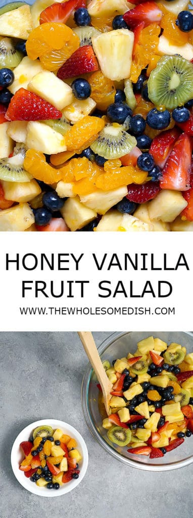 2 image collage with text showing Honey Vanilla Fruit Salad